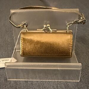 NWT Purse Charm Gold Metallic Vegan Leather. Retro Mini Purse with Kiss Lock.